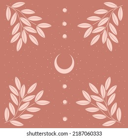 gentle magic pattern. vector illustration pink leaves, stars, moon and symbols on a pink background.