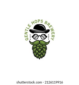 Gentle Man Hops Logo Design, Beard With Hops And Mafia Hat Logo Illustration, Craft Beer Logo, Modern Vector Template