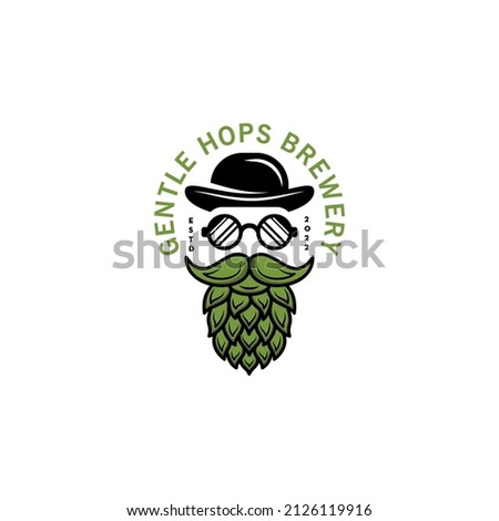 gentle man hops logo design, beard with hops and mafia hat logo illustration, craft beer logo, modern vector template