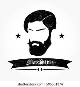 gentle man icon with smooth haircut from side with beard and mustache between stars and ribbon below in flat black with stamp effect 