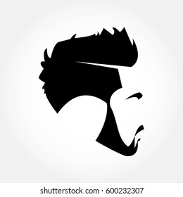 gentle man short haircut from side in flat black with eyebrow, beard, and mustache