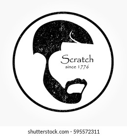 gentle man smooth haircut with scratch beard and mustache from side facing right direction in flat black with stamp effect and circle frame