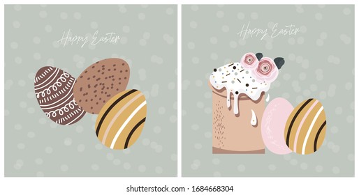 Gentle minimalistic Easter vector set with easter cake and eggs