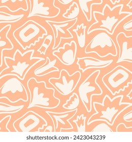 Gentle naive floral pattern of hand drawn abstract plants. Large scale doodle monochromatic print for paper and fabric.