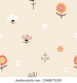 Gentle naive seamless vector pattern with small cute flowers. Beige background. Gender neutral nursery minimalistic print. Printing on kids bedding, fabrics, textiles, wallpaper, wrapping paper