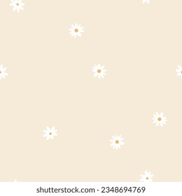 Gentle naive seamless vector pattern with small chamomile flowers beige background. Gender neutral nursery minimalistic print. Printing on kids bedding, fabrics, textiles, wallpaper, wrapping paper