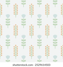 Gentle naive seamless vector pattern with cute flowers, berries and leaves branches. Spring or summer tulip print for fabric, wrapping, textile, wallpaper, card, paper gift, phone case, stationery.