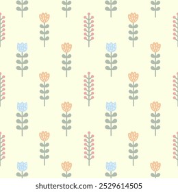 Gentle naive seamless vector pattern with cute flowers, berries and leaves branches. Spring or summer tulip print for fabric, wrapping, textile, wallpaper, card, paper gift, phone case, stationery.