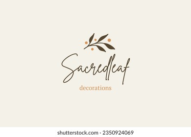 Gentle natural tree branch organic elegant plant calligraphy retro logo design template vector flat illustration. Green leaves foliage botanical decor element emblem for ecology cosmetic beauty spa