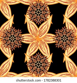 Gentle, nice floral background. Vector floral pattern in doodle style with flowers. Flowers on yellow, black and orange colors.