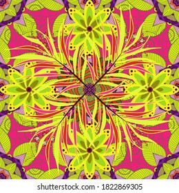Gentle, nice floral background. Vector floral pattern in doodle style with flowers. Flowers on magenta, green and yellow colors.