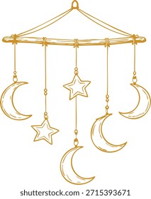 Suave móvil de vivero con lunas en media luna y estrellas suspendidas de un anillo.