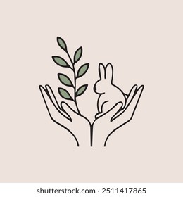 A gentle and nurturing design featuring a rabbit and a plant resting in cupped hands, symbolizing care, nature, and harmony, perfect for eco-friendly, animal welfare, or gardening brands.