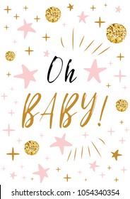 Gentle Oh Baby Text With Cute Gold Balls, Pink Stars Colors For Girl Baby Shower Card Invitation Template Vector Illustration. Banner For Children Birthday Design, Label, Print, Sign, Symbol
