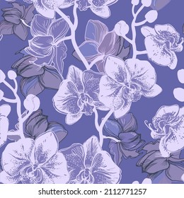 Gentle Orchid Flowers Drawn by Hand on Trendy Very Peri Background. Floral Seamless Pattern in Full Bloom for Home Textile, Dress, Apparel Fabric, Bedding, Wallpaper, Package.