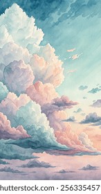 Gentle pastel clouds drift across a serene sky, creating a dreamy and calming atmosphere.