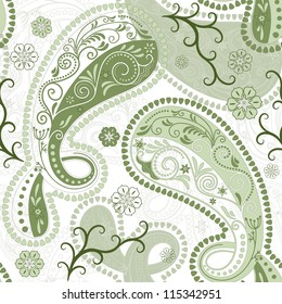 Gentle pastel green-white seamless pattern with lace paisley (vector)