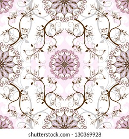 Gentle pastel seamless background with round pink-blue flowers (vector)