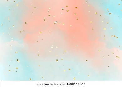 Gentle pastel watercolor background in persian blue, Smooth transitions of colors. For the design of invitations, cards, banners with golden sparkles.