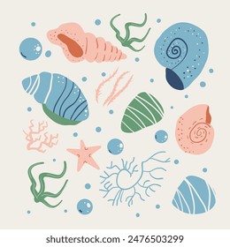 Gentle, pastel-colored depiction of seashells, a starfish, seaweed, coral, and bubbles, offering a whimsical look at underwater life. Set of Vector hand drawn illustration.