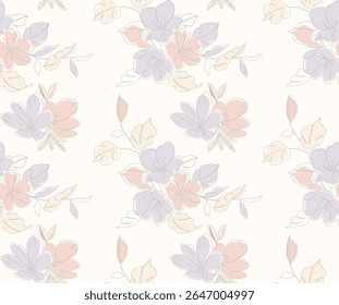 Pastéis suaves e contornos florais fluidos adornam este padrão perfeito, evocando uma sensação de tranquilidade e elegância moderna. Ideal para têxteis, papel de parede e designs digitais sofisticados