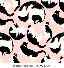 A gentle pattern with black and white cats. Vector illustration.