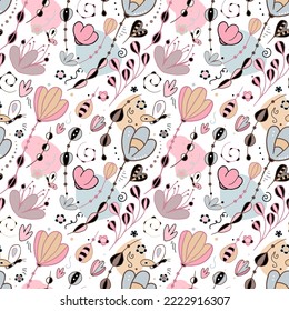 Gentle pattern of flowers blown by the wind. Pastel and black colors, fantasy shapes. For fabrics, wrappers, packaging.
