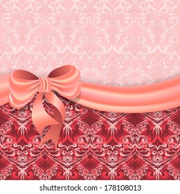 Gentle pink background with Victorian pattern divided satin ribbon with a bow. Vector illustration.