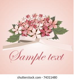 Gentle pink card with a bouquet flowers and the text an inscription and a bow