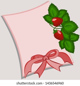 Gentle pink card with a bouquet of strawberries and a bow on a gray background without inscriptions. A gift for any holiday. Summer dessert