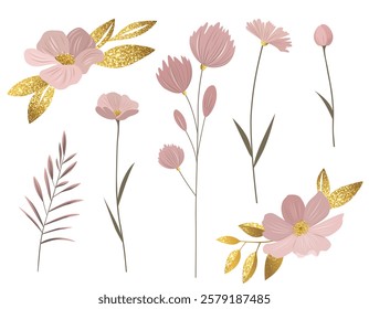 Gentle pink flowers and shining golden leaves. Meadow botanical set for wedding, birthday greeting cards. Pastel colored delicate wild flowers.