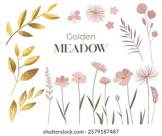 Gentle pink flowers with shining golden leaves. Meadow botanical set for wedding, birthday greeting cards. Gold colored delicate wild flowers.