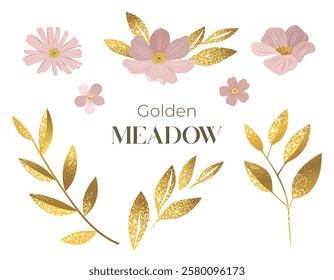 Gentle pink flowers and shining golden leaves. Meadow botanical set for greeting cards. Gold colored delicate wild flowers.