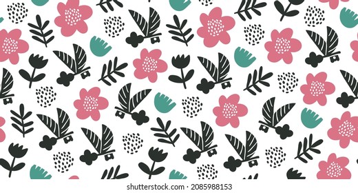 Gentle pink flowers vector seamless pattern with flying keys