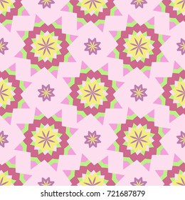 Gentle pink geometric seamless patterns with yellow elements.