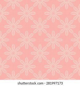 Gentle pink lace seamless pattern, white flowers on grid, vector illustration, vintage style