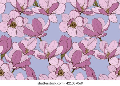 gentle pink magnolia seamless pattern on a blue background