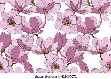 gentle pink magnolia seamless pattern on a transparent  background