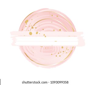 Gentle pink pastel colors brush strokes in gold frame with stars. Abstract vector composition.