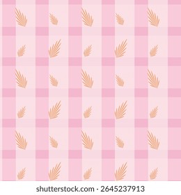 A gentle pink plaid pattern with scattered leaf motifs for a nature-inspired look