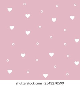 Patrón sin costuras rosa suave. Corazones blancos y anillos sobre un fondo rosa pastel. Fondo del día de San Valentín. Fondo para papel, papel de regalo, textil, tarjeta, Fondo de pantalla.