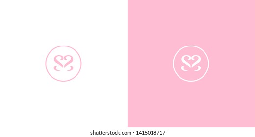 Gentle pink SS monogram feminine round logo with a heart. Lovely script lettering with initials for female company business branding. Simple romantic logotype design with a butterfly silhouette