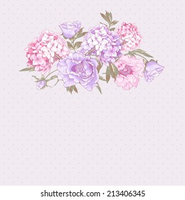 Gentle Pink Vintage Floral Greeting Card with Blooming Hydrangea and Peonies