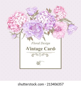 Gentle Pink Vintage Floral Greeting Card with Blooming Hydrangea and Peonies