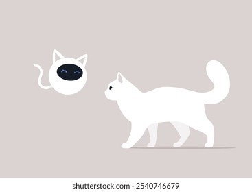 En un momento suave y divertido, un gato blanco Explore su entorno mientras se encuentra con un caprichoso robot en forma de gato, encarnando la alegría de la amistad y la curiosidad dentro de un telón de fondo sutil