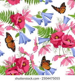 Gentle poppies,campanula with butterflies seamless pattern in vector for fashion, fabric, wallpaper and all prints on white background