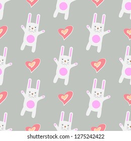 Gentle print. Seamless pattern Funny cartoon white rabbit with heart.