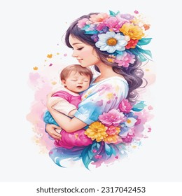 Gentle Protector: Watercolor Painting of a Mother Watching over her Child