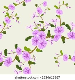 A gentle purple morning glory seamless pattern vector illustration, perfect for spring and summer decor wallpaper, textiles, bedding, background, and designg packaging.