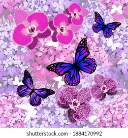 Gentle purple Vintage Botanical Seamless Background with Hydrangea and with butterflies. Beautiful orchids. Botanical Vector Illustration